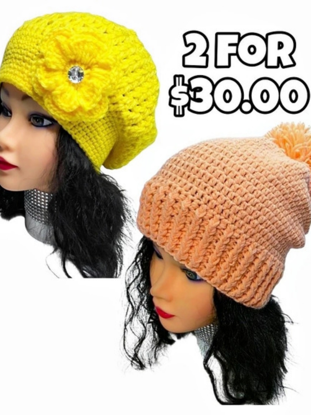 Two Crochet Hat Set Yellow & Pink-One Size3